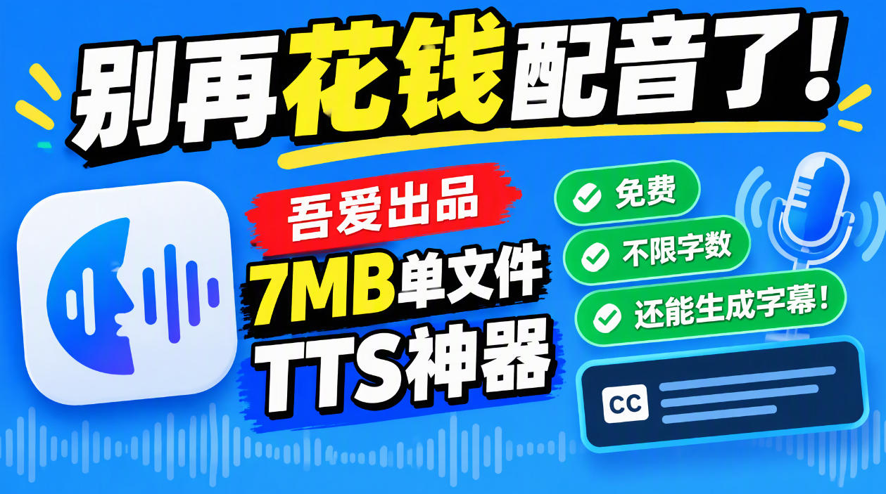 别再花钱配音了！吾爱出品7MB单文件TTS神器，免费不限字数还能生成字幕！-凡人轻创