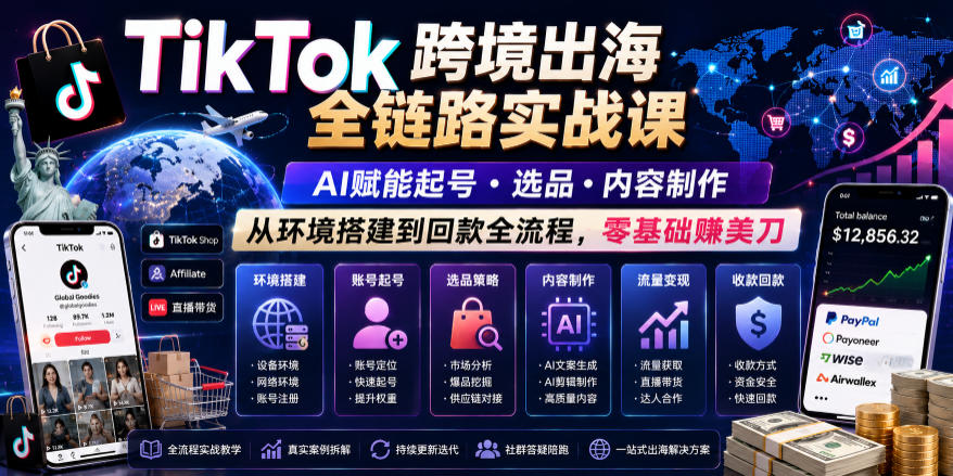 TikTok跨境出海全链路实战课，AI赋能起号・选品・内容制作，从环境搭建到回款全流程，零基础賺美刀-凡人轻创