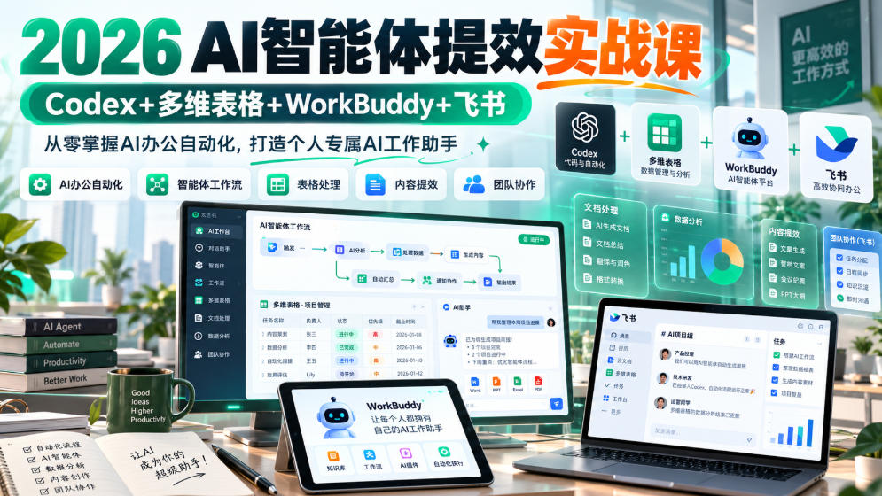 2026 AI智能体提效实战课:Codex+多维表格+WorkBuddy+飞书,从零掌握AI办公自动化,打造个人专属AI工作助手 2026 AI智能体提效实战课:Codex+多维表格+WorkBuddy+飞书,从零掌握AI办公自动化,打造个人专属AI工作助手