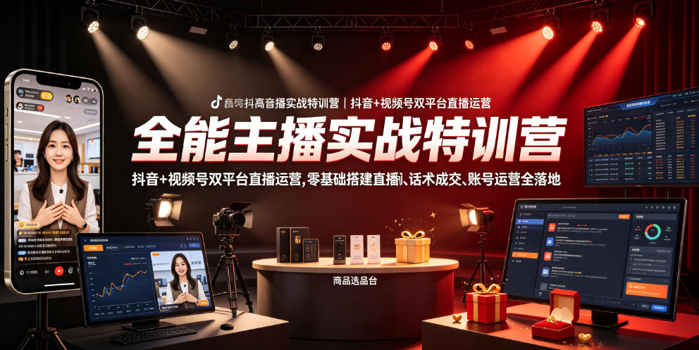 全能主播实战特训营｜抖音+视频号双平台直播运营，零基础搭建直播间、精准选品、话术成交、账号运营全落地-凡人轻创