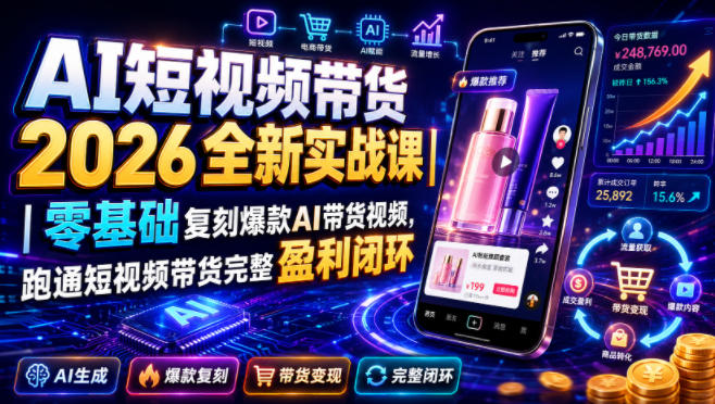 AI短视频带货2026全新实战课|零基础复刻爆款AI带货视频,跑通短视频带货完整盈利闭环-凡人轻创