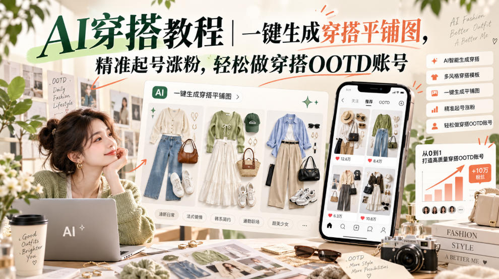 AI穿搭教程｜一键生成穿搭平铺图，精准起号涨粉，轻松做穿搭OOTD账号-凡人轻创