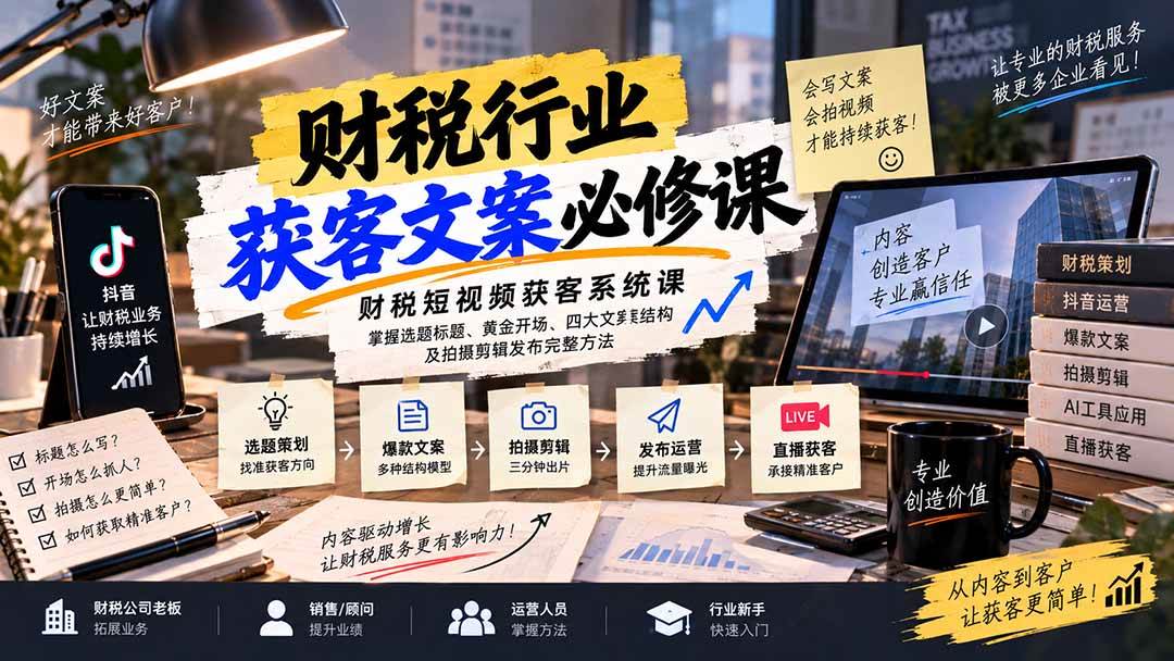 (20591期)财税短视频获客系统课:掌握选题标题、黄金开场、四大文案结构及拍摄剪辑发布完整方法-凡人轻创
