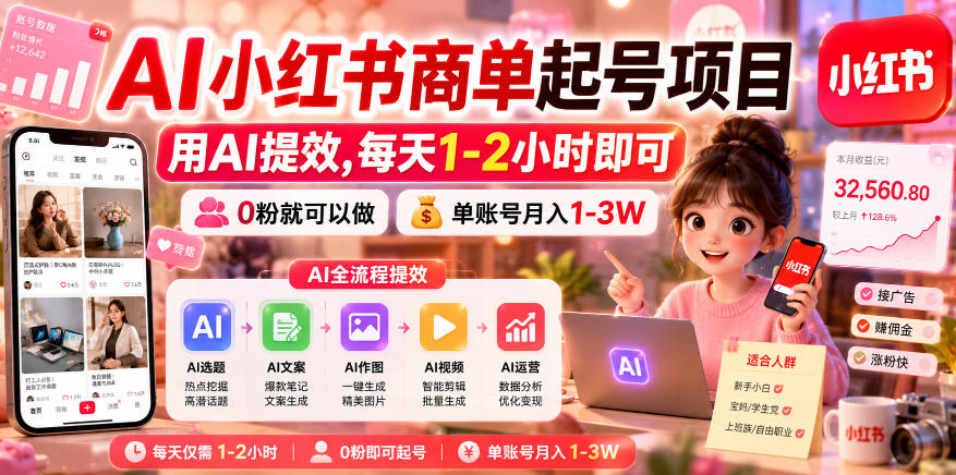 AI小红书商单起号项目,用AI提效,每天1-2小时即可,0粉就可以做,单账号月入1-3W-凡人轻创