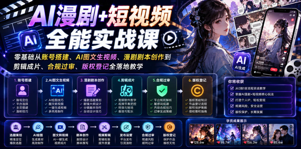 AI漫剧+短视频全能实战课｜零基础从账号搭建、AI图文生视频、漫剧剧本创作到剪辑成片、合规过审、版权登记全落地教学-凡人轻创