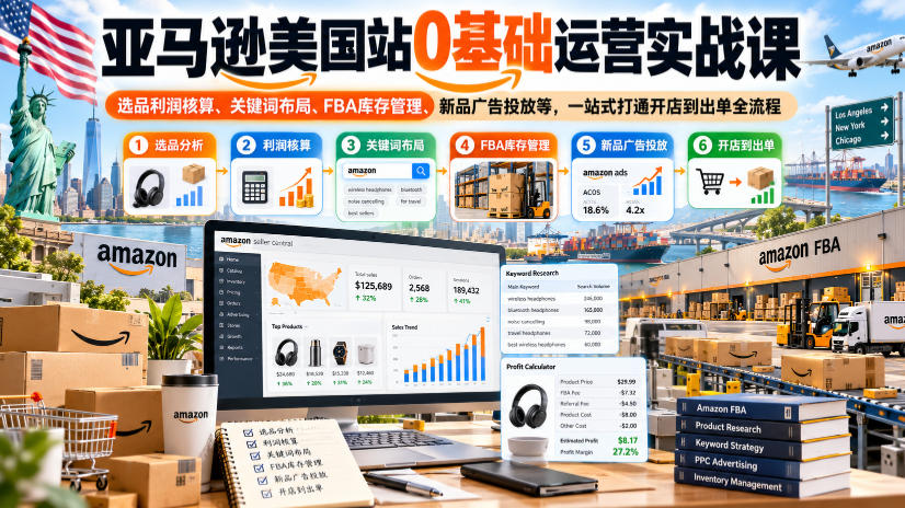 亚马逊美国站0基础运营实战课|选品利润核算、关键词布局、FBA库存管理、新品广告投放等,一站式打通开店到出单全流程-凡人轻创