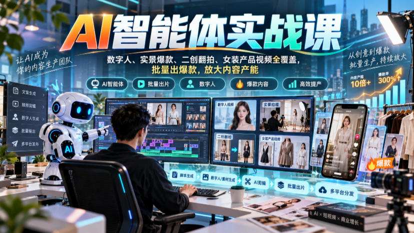 AI智能体实战课,数字人、实景爆款、二创翻拍、女装产品视频全覆盖,批量出爆款,放大内容产能-凡人轻创