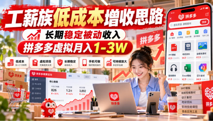 工薪族低成本增收思路,长期稳定被动收入,拼多多虚拟月入1-3W-凡人轻创