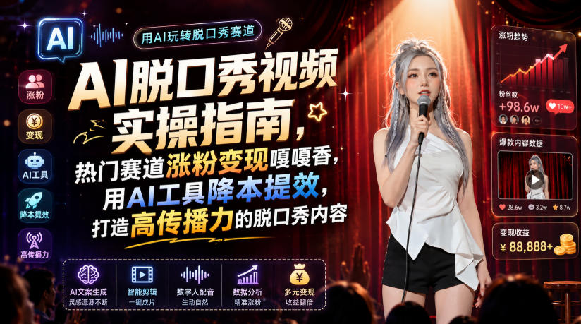 AI脱口秀视频实操指南，热门赛道涨粉变现嘎嘎香，用AI工具降本提效，打造高传播力的脱口秀内容-凡人轻创