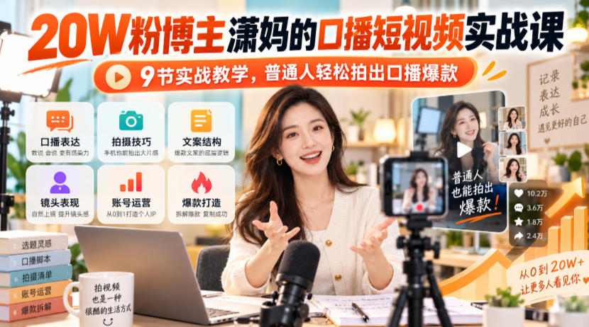 20W粉博主潇妈的口播短视频实战课,9节实战教学,普通人轻松拍出口播爆款-凡人轻创