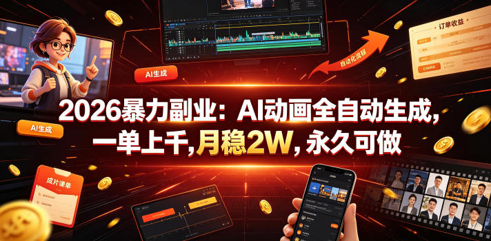 2026暴力副业：AI动画全自动生成，一单上千，月稳2W，永久可做【揭秘】-凡人轻创