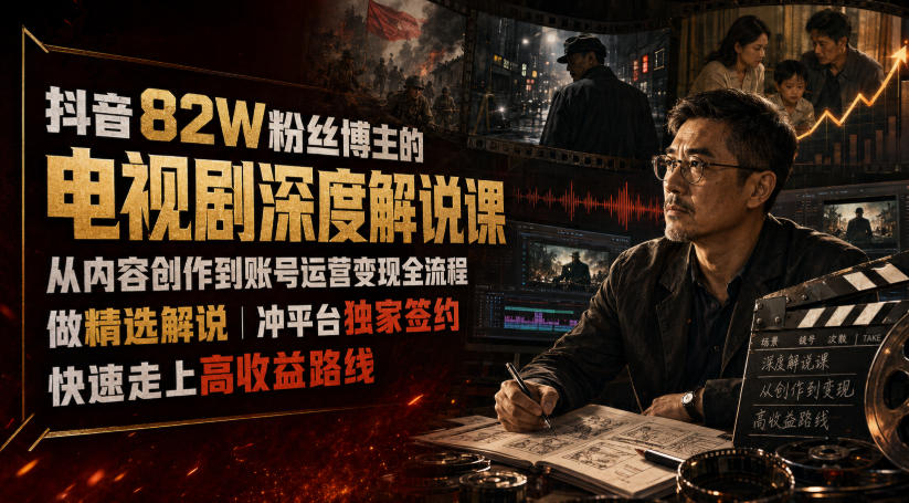 抖音82W粉丝博主的电视剧深度解说课，从内容创作到账号运营变现全流程，做精选解说，冲平台独家签约，快速走上高收益路线-凡人轻创