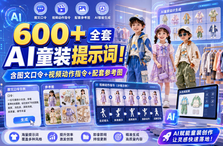 600+全套AI童装提示词！含图文口令+视频动作指令+配套参考图，Word-Excel规整分类，童装电商、种草无脑量产内容！-凡人轻创
