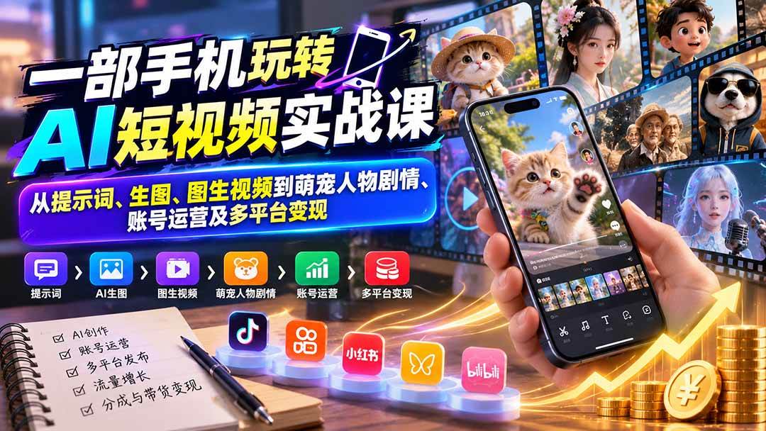 (20663期)一部手机玩转AI短视频实战课:从提示词、生图、图生视频到萌宠人物剧情、账号运营及多平台变现-凡人轻创