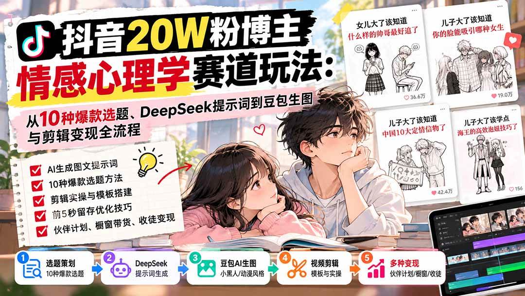 (20688期)抖音20W粉博主-情感心理学赛道玩法:从10种爆款选题、DeepSeek提示词到豆包生图与剪辑变现全流程-凡人轻创