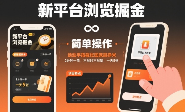 新平台浏览掘金，动动手指截张图就能挣米，2分钟一单，不限时不限量，一天5张【揭秘】-凡人轻创