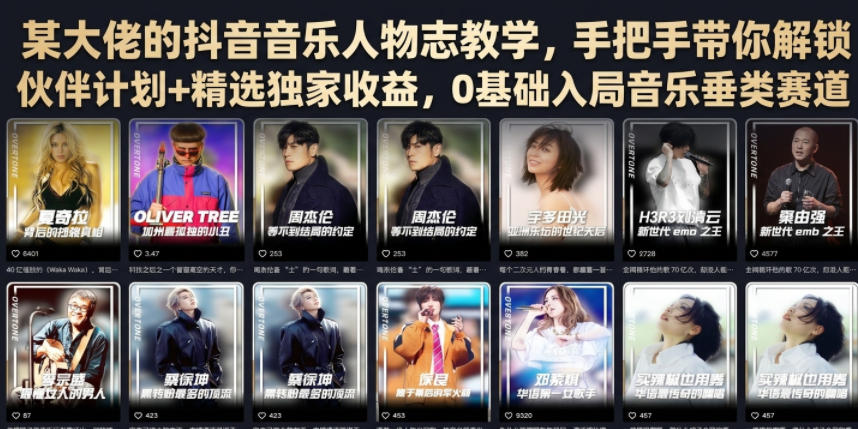 某大佬的抖音音乐人物志教学，手把手带你解锁伙伴计划+精选独家收益，0基础入局音乐垂类赛道-凡人轻创