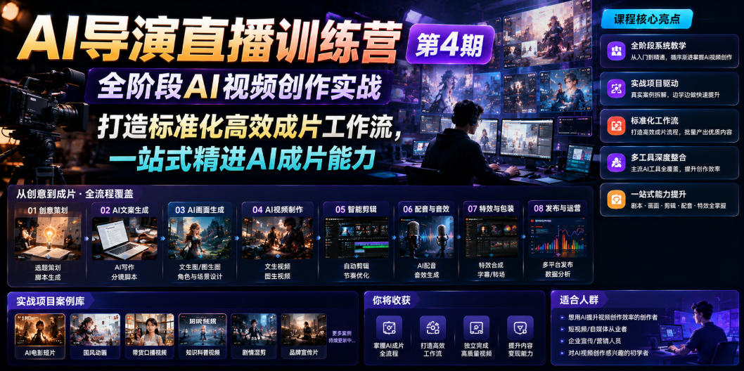 AI导演直播训练营第4期｜全阶段AI视频创作实战，打造标准化高效成片工作流，一站式精进AI成片能力-凡人轻创