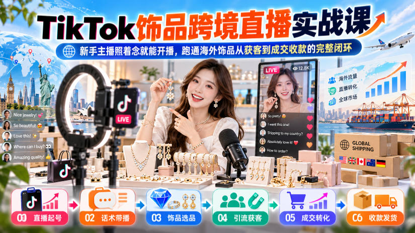 TikTok饰品跨境直播实战课,新手主播照着念就能开播,跑通海外饰品从获客到成交收款的完整闭环-凡人轻创
