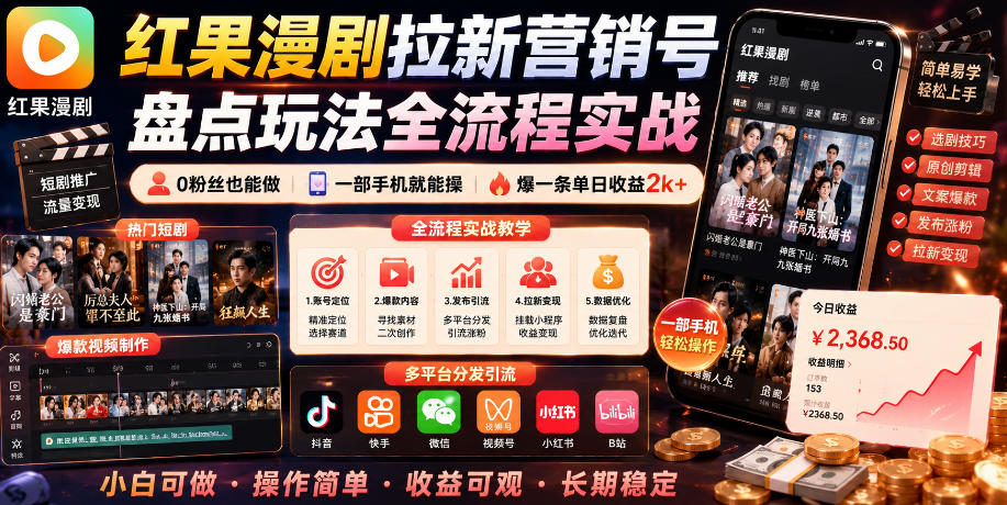 红果漫剧拉新营销号盘点玩法全流程实战，0粉丝也能做，一部手机就能做，爆一条单日收益2k+（更新0628）-凡人轻创