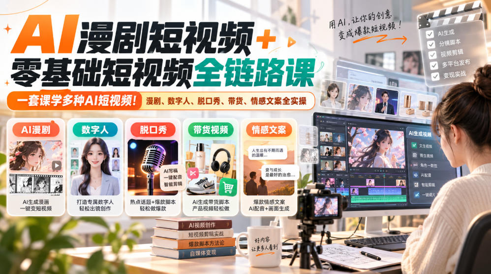 AI漫剧短视频+零基础短视频全链路课,一套课学多种AI短视频!漫剧、数字人、脱口秀、带货、情感文案全实操-凡人轻创