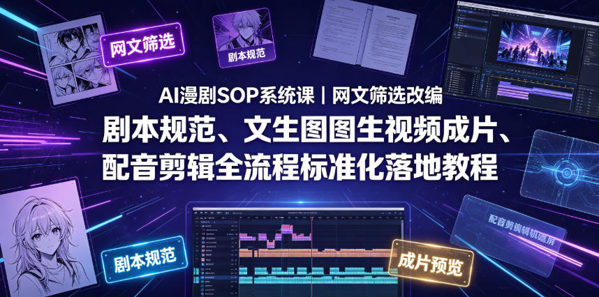 AI漫剧SOP系统课|网文筛选改编、剧本规范、文生图图生视频成片、配音剪辑全流程标准化落地教程-凡人轻创