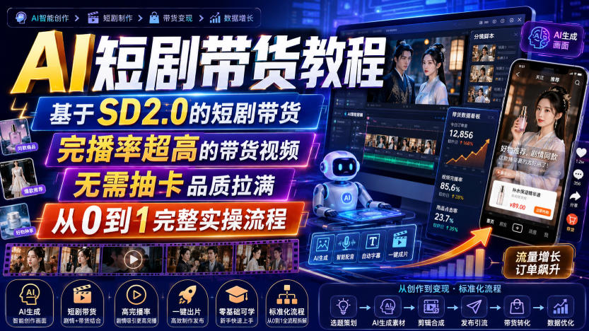 AI短剧带货教程,基于SD2.0的短剧带货,完播率超高的带货视频,无需抽卡品质拉满,从0到1完整实操流程-凡人轻创