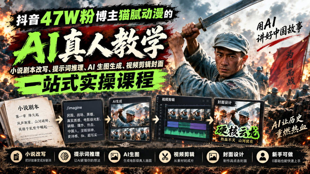 抖音47W粉博主猫腻动漫的AI真人漫剧教学,小说剧本改写、提示词推理、AI生图生成、视频剪辑封面一站式实操课程-凡人轻创