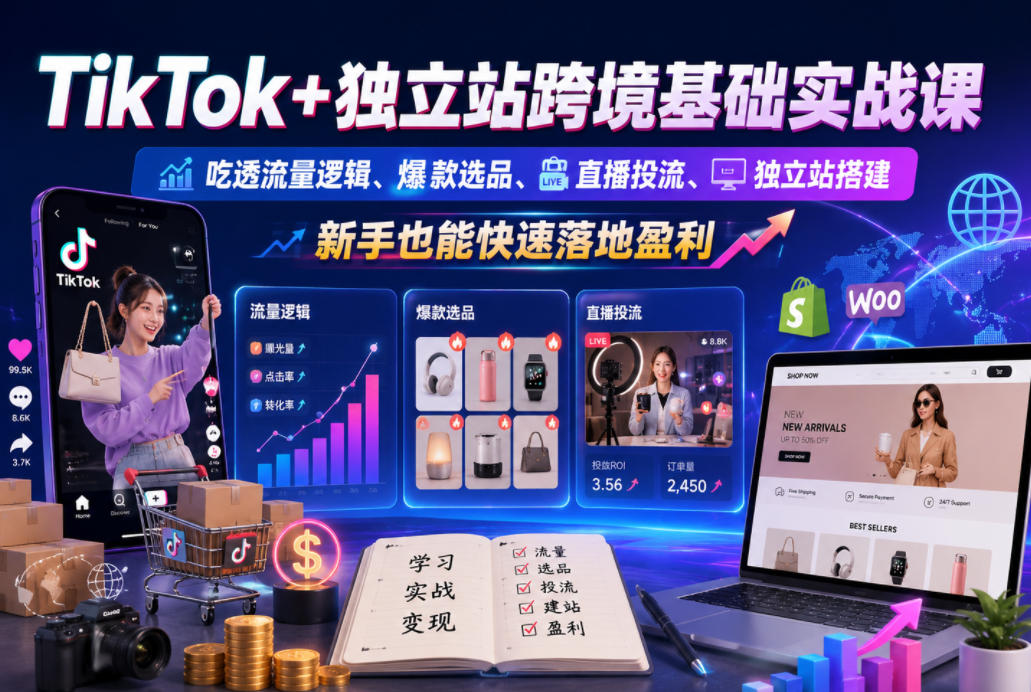 TikTok+独立站跨境基础实战课,吃透流量逻辑、爆款选品、直播投流与独立站搭建,新手也能快速落地盈利-凡人轻创