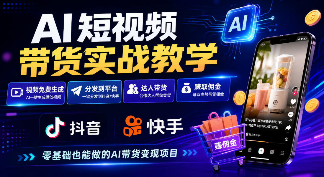 AI短视频带货实战教学，视频免费生成，分发到抖音快手平台，达人带货賺佣金-凡人轻创