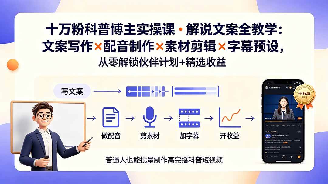 （19275期）10万粉科普博主实操课-解说文案全教学：文案写作×配音制作×素材剪辑×字幕预设，从零解锁伙伴计划+精选收益-凡人轻创