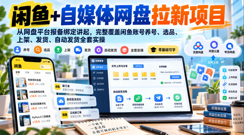闲鱼+自媒体网盘拉新项目,从网盘平台报备绑定讲起,完整覆盖闲鱼账号养号、选品、上架、发货、自动发货全套实操-凡人轻创