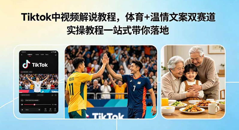 Tiktok中视频解说教程，体育+温情文案双赛道实操教程一站式带你落地，教你出海賺美刀-凡人轻创