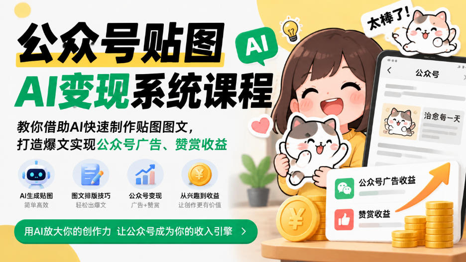 公众号贴图AI变现系统课程|教你借助AI快速制作贴图图文,打造爆文实现公众号广告、赞赏收益-凡人轻创