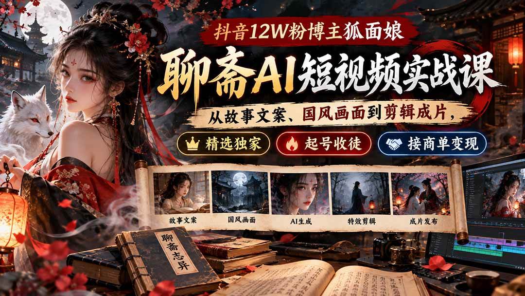 (20639期)抖音12W粉博主狐面娘-聊斋AI短视频实战课:从故事文案、国风画面到剪辑成片,精选独家+起号收徒+接商单变现-凡人轻创
