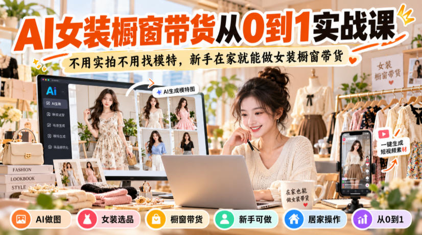 AI女装橱窗带货从0到1实战课，不用实拍不用找模特，新手在家就能做女装橱窗带货-凡人轻创