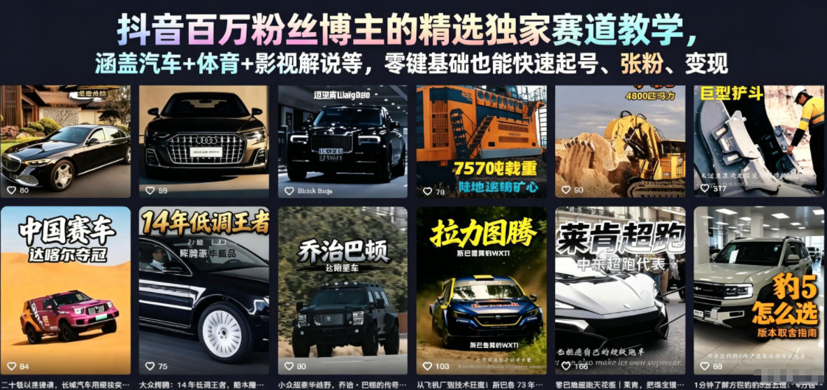 抖音百万粉丝博主的精选独家赛道教学,涵盖汽车+体育+影视解说等,零基础也能快速起号、涨粉、变现-凡人轻创