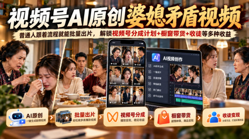 视频号ai原创婆媳矛盾视频,普通人跟着流程就能批量出片,解锁视频号分成计划+橱窗带货+收徒等多种收益-凡人轻创