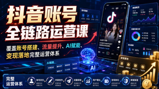 抖音账号全链路运营课,覆盖账号搭建、流量提升、AI赋能、变现落地完整运营体系-凡人轻创