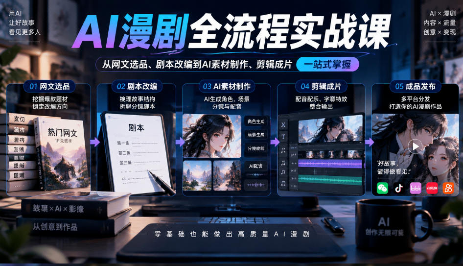 AI漫剧全流程实战课,覆盖从网文选品、剧本改编到AI素材制作、剪辑成片的完整链路-凡人轻创