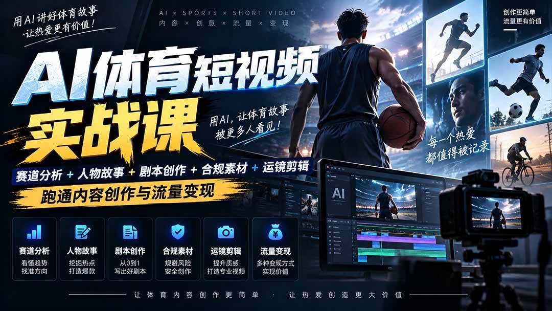 (20515期)AI体育短视频赛道顶级玩法|赛道分析+人物故事+剧本创作+版权处理+运镜剪辑,跑通流量变现-日赚1K+-凡人轻创