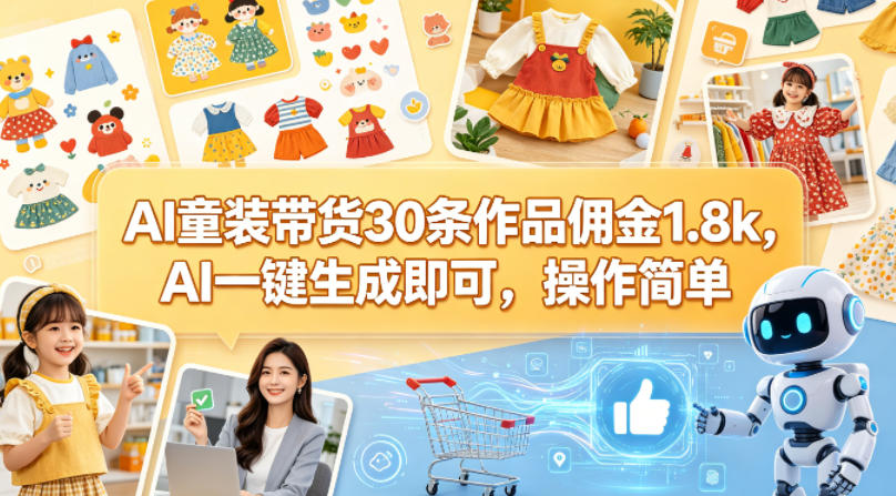 AI童装带货30条作品佣金1.8k，AI一键生成即可，操作简单-凡人轻创