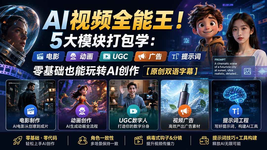 （20048期）AI视频全能王！5大模块打包学：电影、动画、UGC、广告、提示词，零基础也能玩转AI创作【原创双语字幕】-凡人轻创