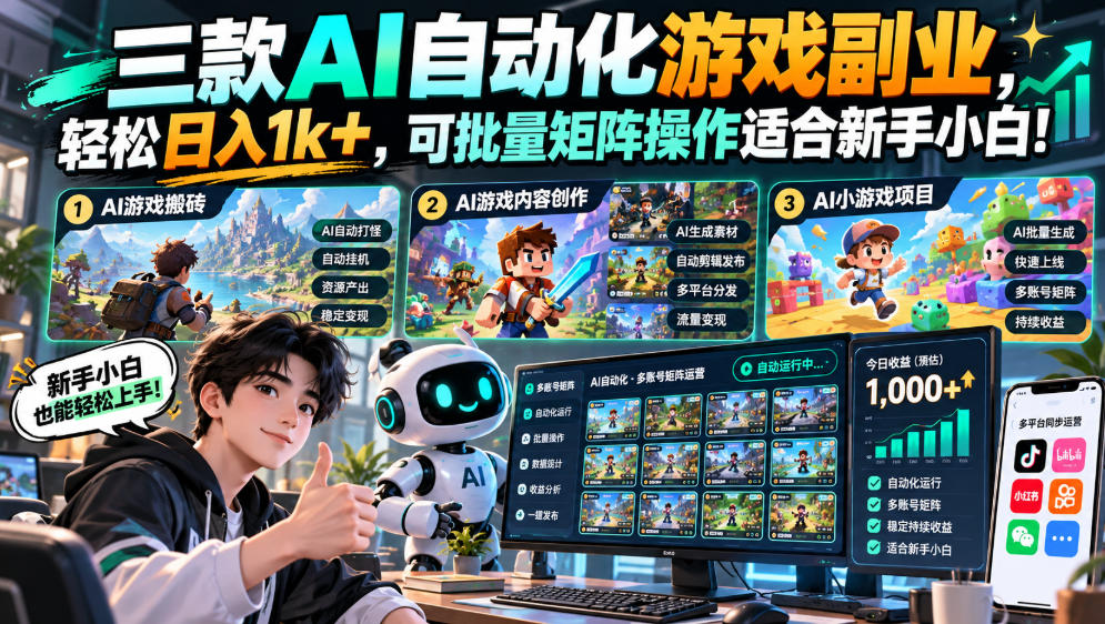 三款AI自动化游戏副业,轻松日入1k+,可批量矩阵操作适合新手小白!【揭秘】-凡人轻创