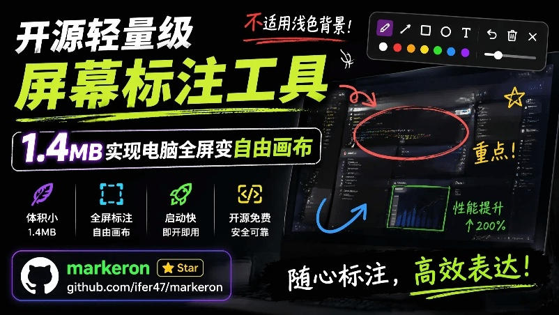 开源轻量级屏幕标注工具,1.4MB实现电脑全屏变自由画布!支持8种标注工具和全键盘操控MarkerOn-凡人轻创