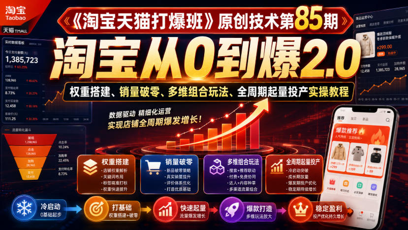 《淘宝天猫打爆班》原创技术第85期,淘宝从0到爆2.0,权重搭建、销量破零、多维组合玩法、全周期起量投产实操教程-凡人轻创