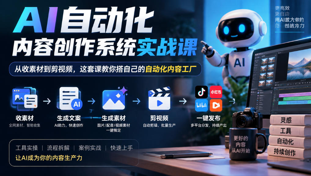 AI自动化内容创作系统实战课，从收素材到剪视频，这套课教你搭自己的自动化内容工厂-凡人轻创