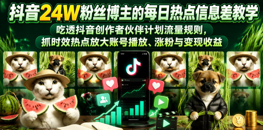 抖音24W粉丝博主的每日热点信息差教学,吃透创作者伙伴计划流量规则,抓时效热点放大账号播放、涨粉与变现收益-凡人轻创