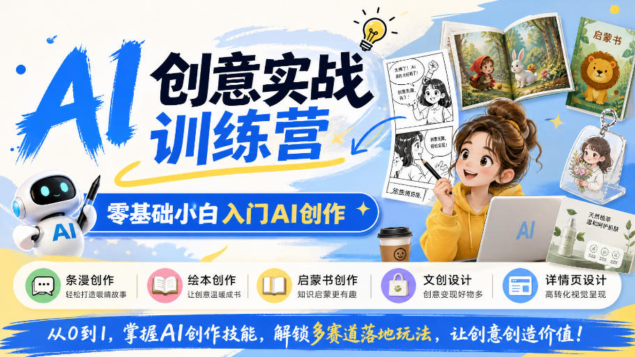 AI创意实战训练营，零基础小白入门AI创作，解锁条漫、绘本、启蒙书、文创、详情页多赛道落地玩法-凡人轻创