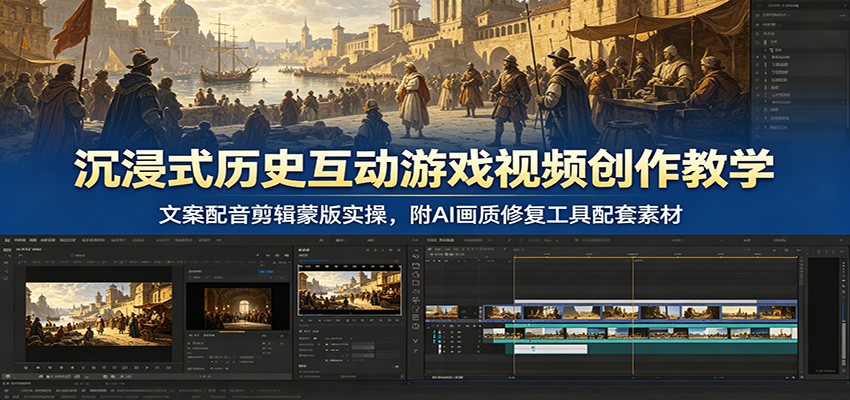 沉浸式历史互动游戏视频创作教学：文案配音剪辑蒙版实操，附AI画质修复工具配套素材-凡人轻创